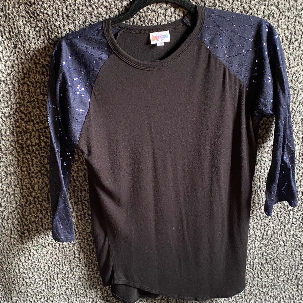 LuLaRoe Black Top with Blue Sequin Sleeves